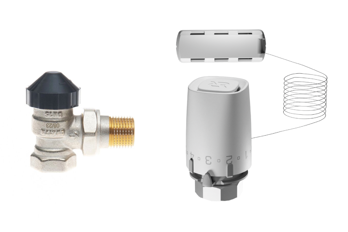 Комплект для двухтрубной системы отопления для радиаторов или конвекторов отопления с боковым подключением: клапан терморегулирующий 013G7013R (Ду15, угловой) + термостатический элемент с выносным датчиком 003G9006R (присоединение М30х1,5)